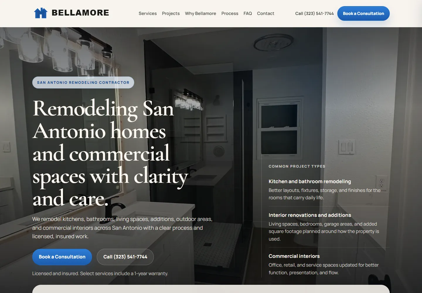 Bellamore Renovation website homepage showing a remodeled interior.