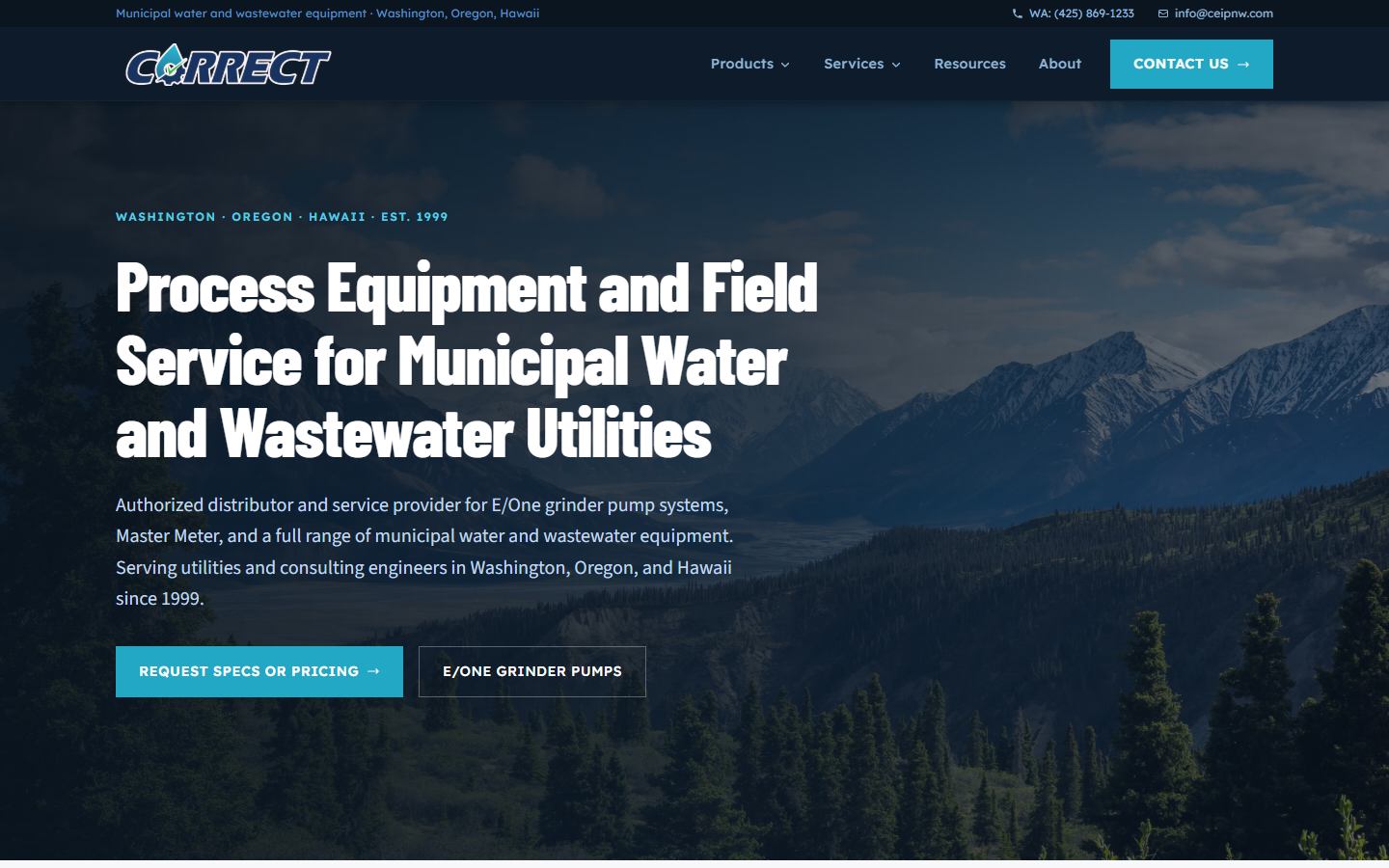 Correct Equipment website homepage for municipal water and wastewater utilities.
