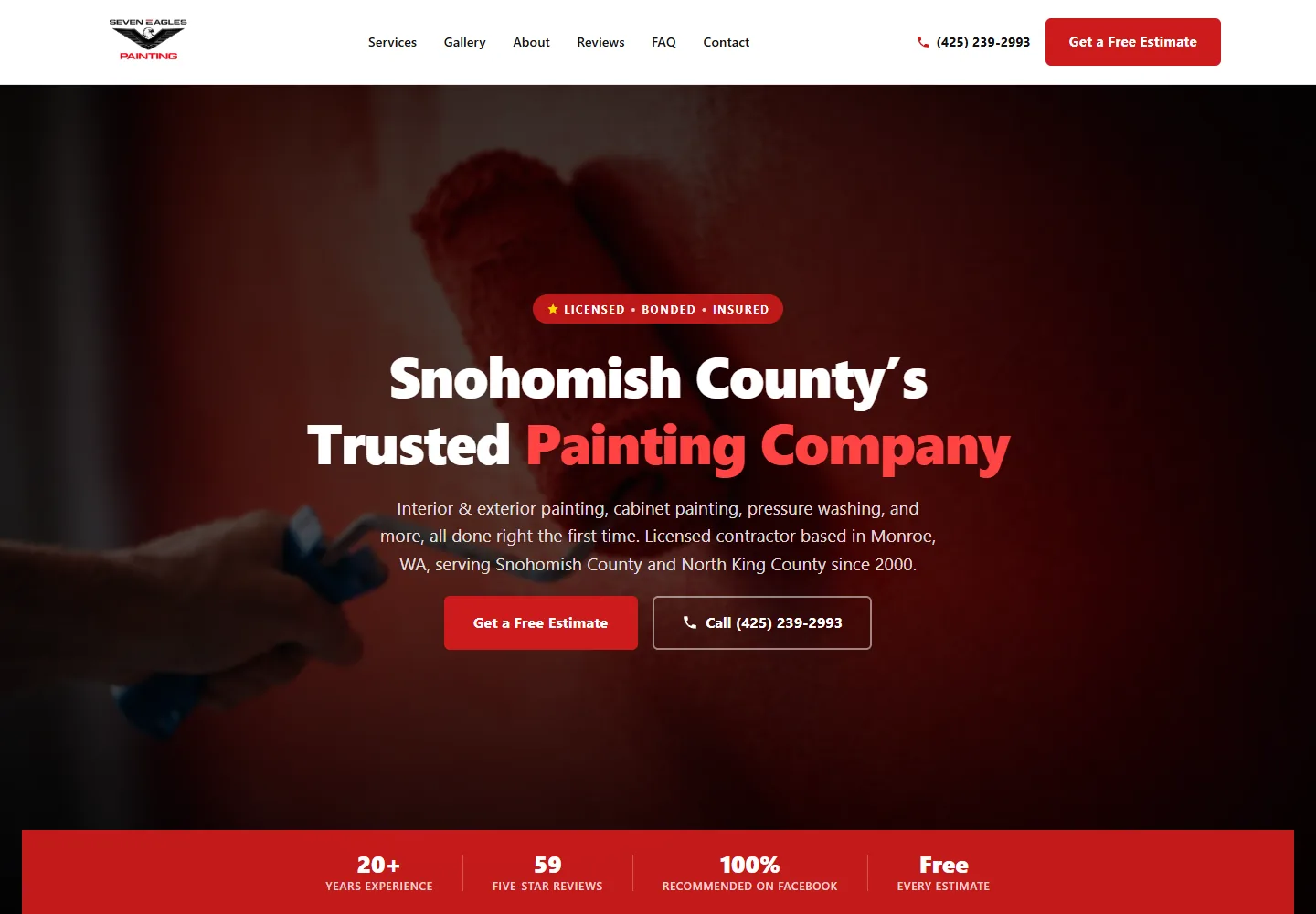 Seven Eagles Painting website homepage with painted exterior work.