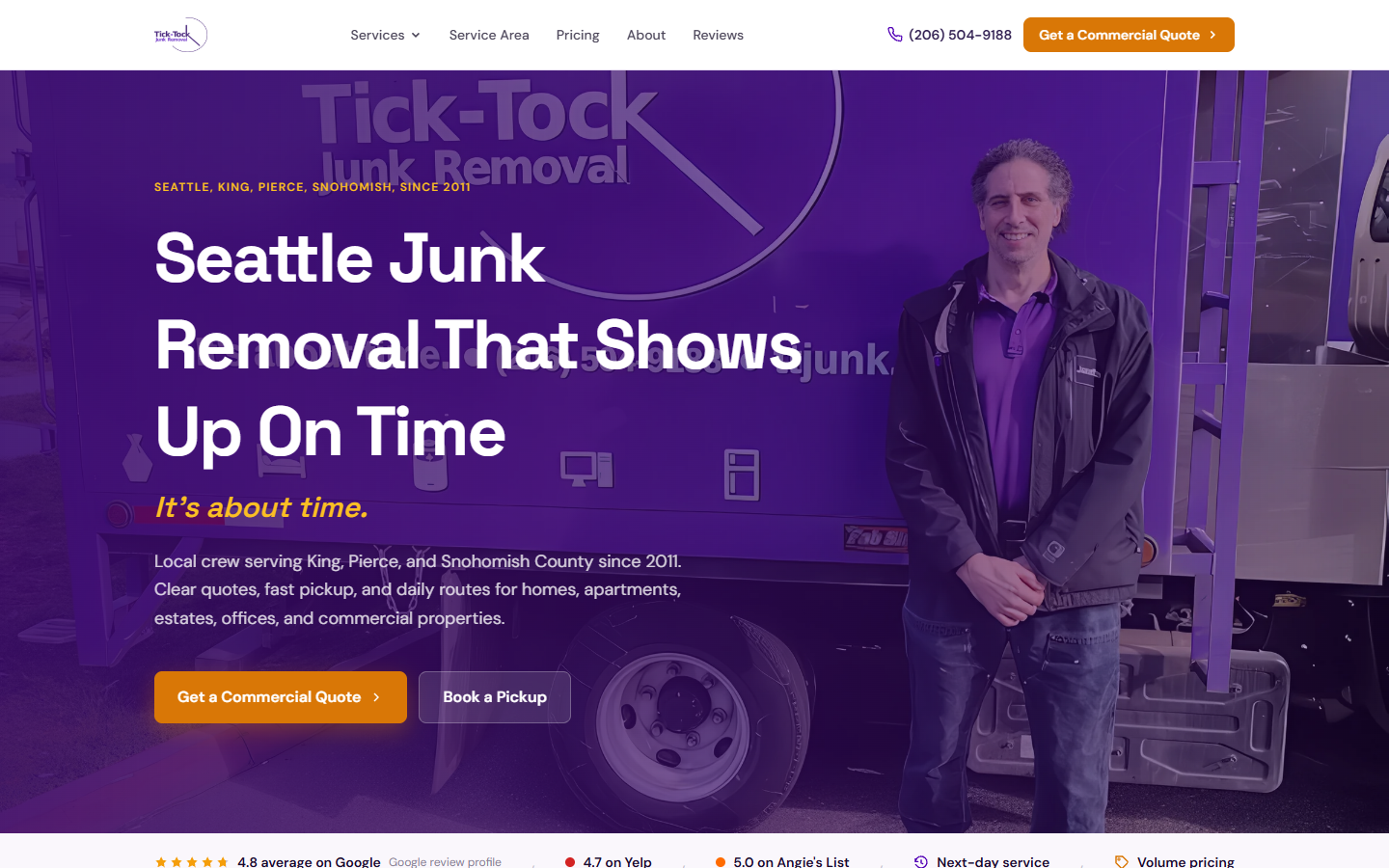 Tick-Tock Junk Removal website homepage showing junk removal services in Seattle.
